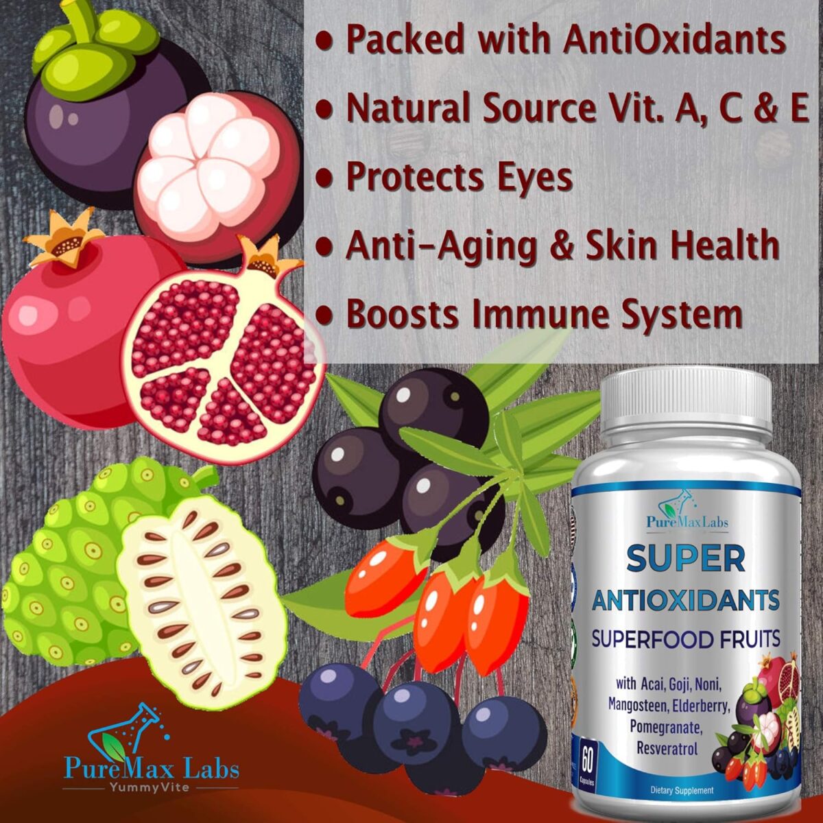 Super Antioxidant Fruit Superfood Complex - Powerful Antioxidant Superfruits, Acai, Goji, Noni, Mangosteen, Pomegranate, Elderberry, Resveratrol, Immune Support, Skin Care - 60 Capsules - Image 4