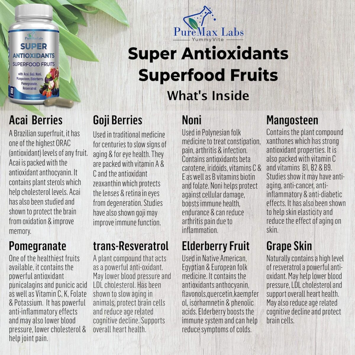 Super Antioxidant Fruit Superfood Complex - Powerful Antioxidant Superfruits, Acai, Goji, Noni, Mangosteen, Pomegranate, Elderberry, Resveratrol, Immune Support, Skin Care - 60 Capsules - Image 3