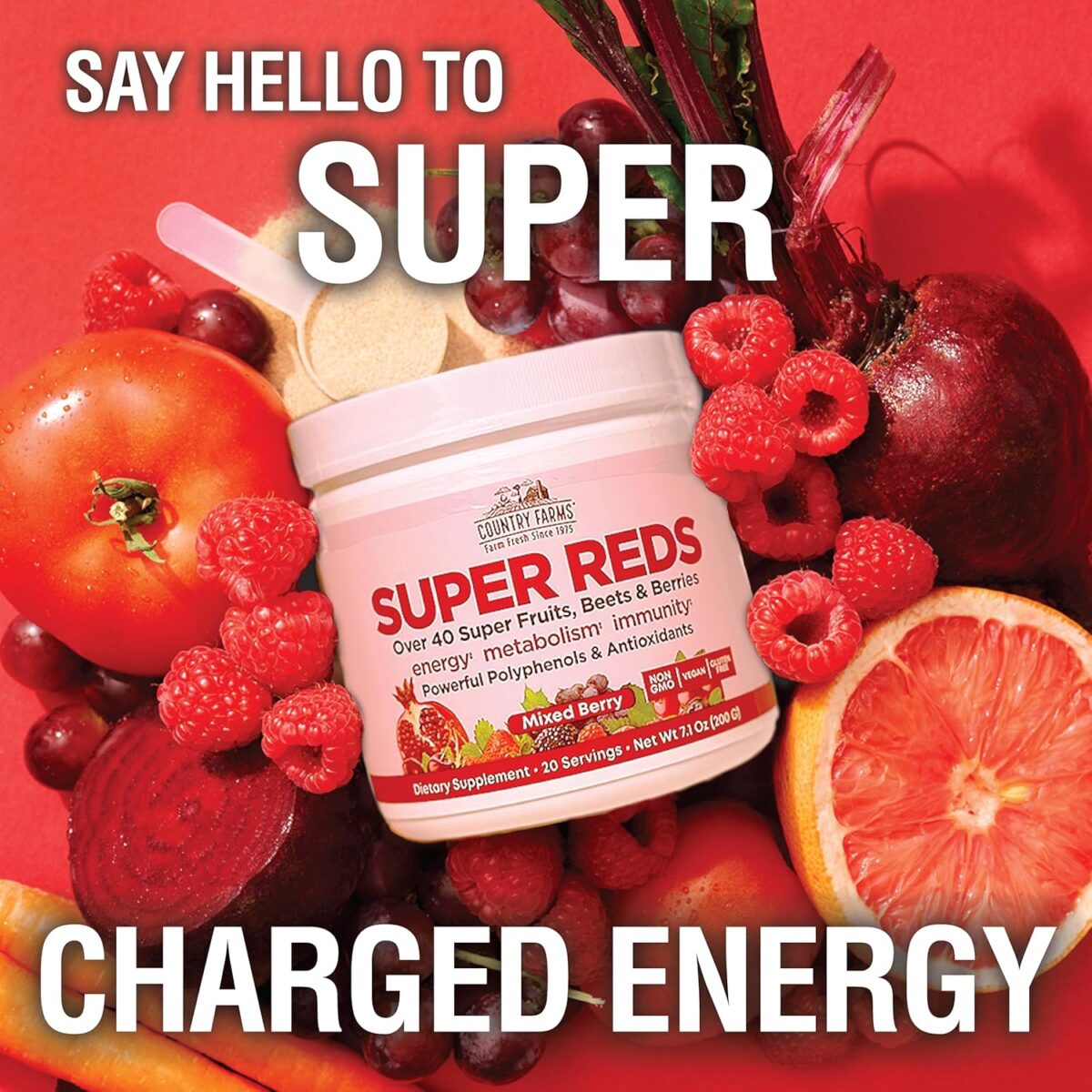 COUNTRY FARMS Super Reds, Energizing Polyphenol Superfood, 48 Super Fruits and Berries, Powerful Antioxidants and Polyphenols, Supports Energy, 20 Servings, Mixed Berry Flavor - Image 6