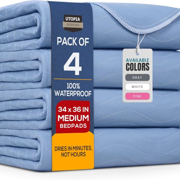 Utopia Bedding Washable Underpads 34" x 36" (Pack of 4), Waterproof Reusable Heavy Absorbency Incontinence Bed Pads for Adults, Kids, Elderly and Pets, Bedwetting Pads for Sofa and Couch (Blue)