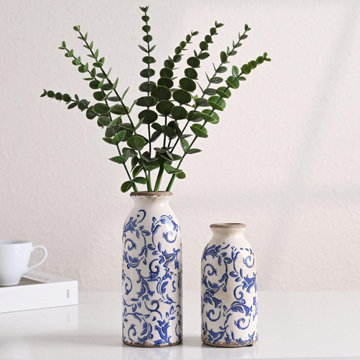 VICTOR & TERESA Blue and White Ceramic Vases Home Decor, Farmhouse Vase for Flowers, Flower Vase Set of 2, Rustic Decorative Vases for Pampas Grass, Table, Living Room, Shelf, Centerpieces, 8 inch - Image 2
