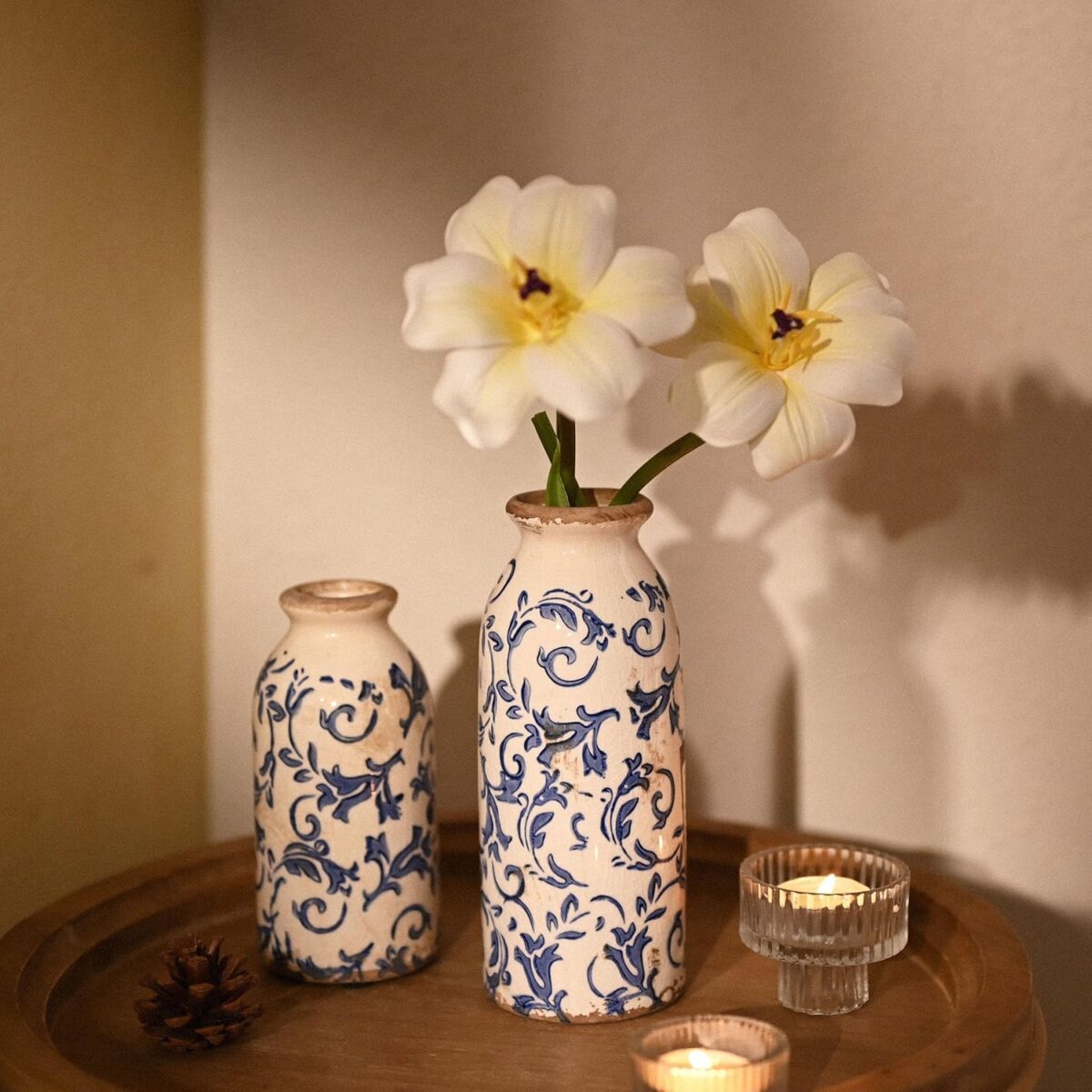 VICTOR & TERESA Blue and White Ceramic Vases Home Decor, Farmhouse Vase for Flowers, Flower Vase Set of 2, Rustic Decorative Vases for Pampas Grass, Table, Living Room, Shelf, Centerpieces, 8 inch - Image 5