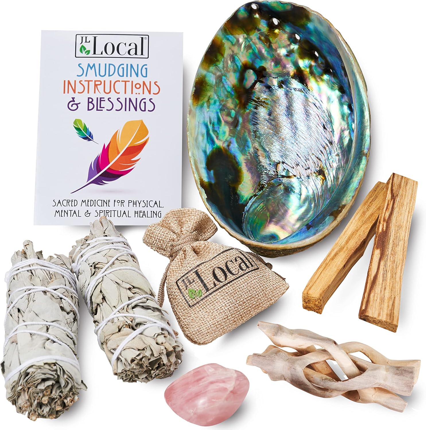 91ewuhSqe3L._AC_SL1500_.jpg Perfect Unity Smudging Kit - 2 White Sage Smudge Sticks + 2 Palo Santo Sticks + Abalone Shell Bowl + Rose Quartz Crystal | Healing Incense for Cleansing, Blessing, Protection, Meditation - Image 1