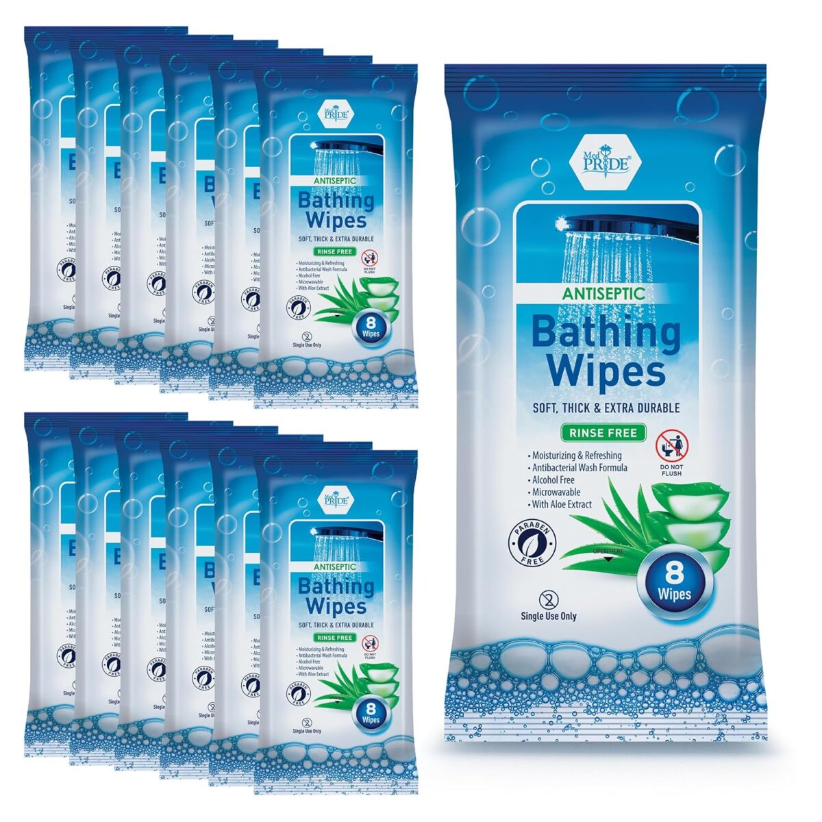 MED PRIDE Hospital Adult No Rinse Bath Wipes for Women, Thick Microwavable Disposable Wipes with Aloe Vera, 96 Count (12 Packs) - Image 1
