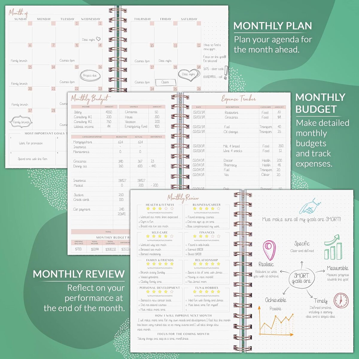 PLANBERRY Weekly Planner – Undated Life Organizer & Budget Planner – Time Management, Goal Setting, to-Do List, Work-Life Balance & Habit Tracker – 6.1″ x 8.1″ (Green Pastures) - Image 4