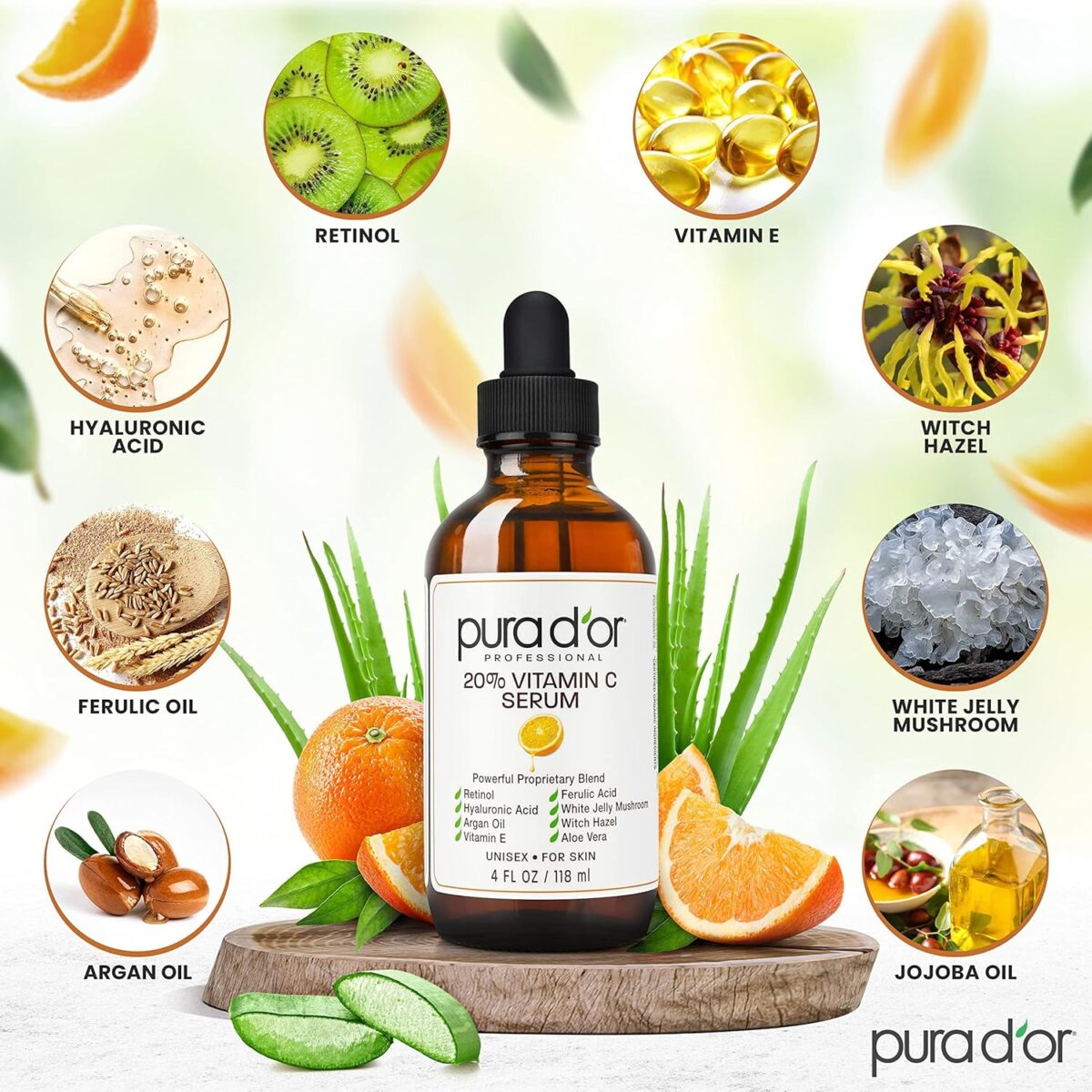 PURA D'OR 20% Vitamin C Serum 4 Oz - Lightweight Maximum Strength Formula - Retinol, Hyaluronic Acid, Ferulic Acid - Professional Grade Treatment For Face & Eyes, Wrinkles - Men & Women - Image 3