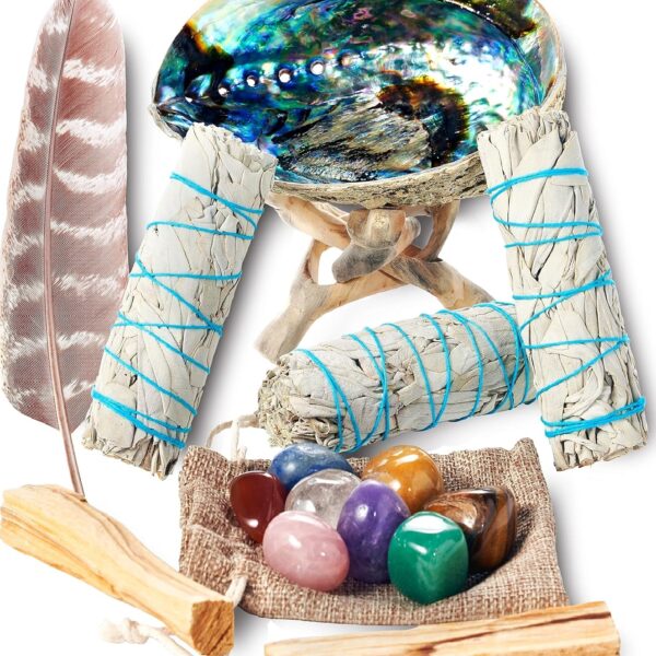 Sage Smudge Kit ~ 3 White Sage Bundles ~ 8 Healing Chakra Stones ~ Abalone Shell & Stand ~ Smudging Feather ~ Cleanse Guide/Blessings ~ Smoke Cleansing Smudge Sticks Healing Growing Manifesting