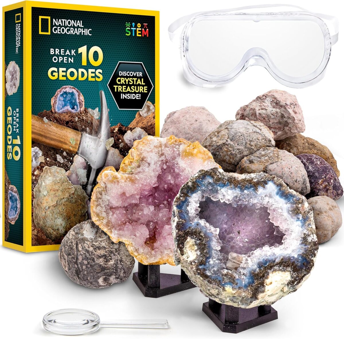 NATIONAL GEOGRAPHIC Break Open 10 Premium Geodes – Includes Goggles and 2 Display Stands - Great STEM Science Kit, Geology Gift for Kids, Break Your Own Geodes with Crystals, Toys for Boys and Girls - Image 1