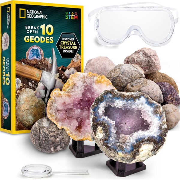NATIONAL GEOGRAPHIC Break Open 10 Premium Geodes – Includes Goggles and 2 Display Stands - Great STEM Science Kit, Geology Gift for Kids, Break Your Own Geodes with Crystals, Toys for Boys and Girls