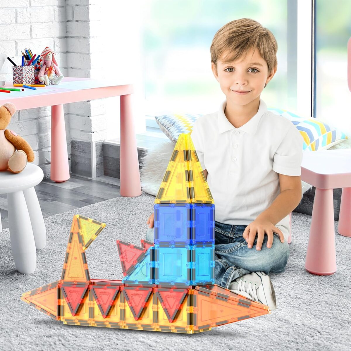 PicassoTiles Magnetic Tiles 60pcs Kids Toys Classroom Sensory Toy for Toddlers STEM Learning Building Blocks, Montessori Pretend Play Magnet Tile Construction Stacking Block Boys Girls Ages 3+ PT60 - Image 2