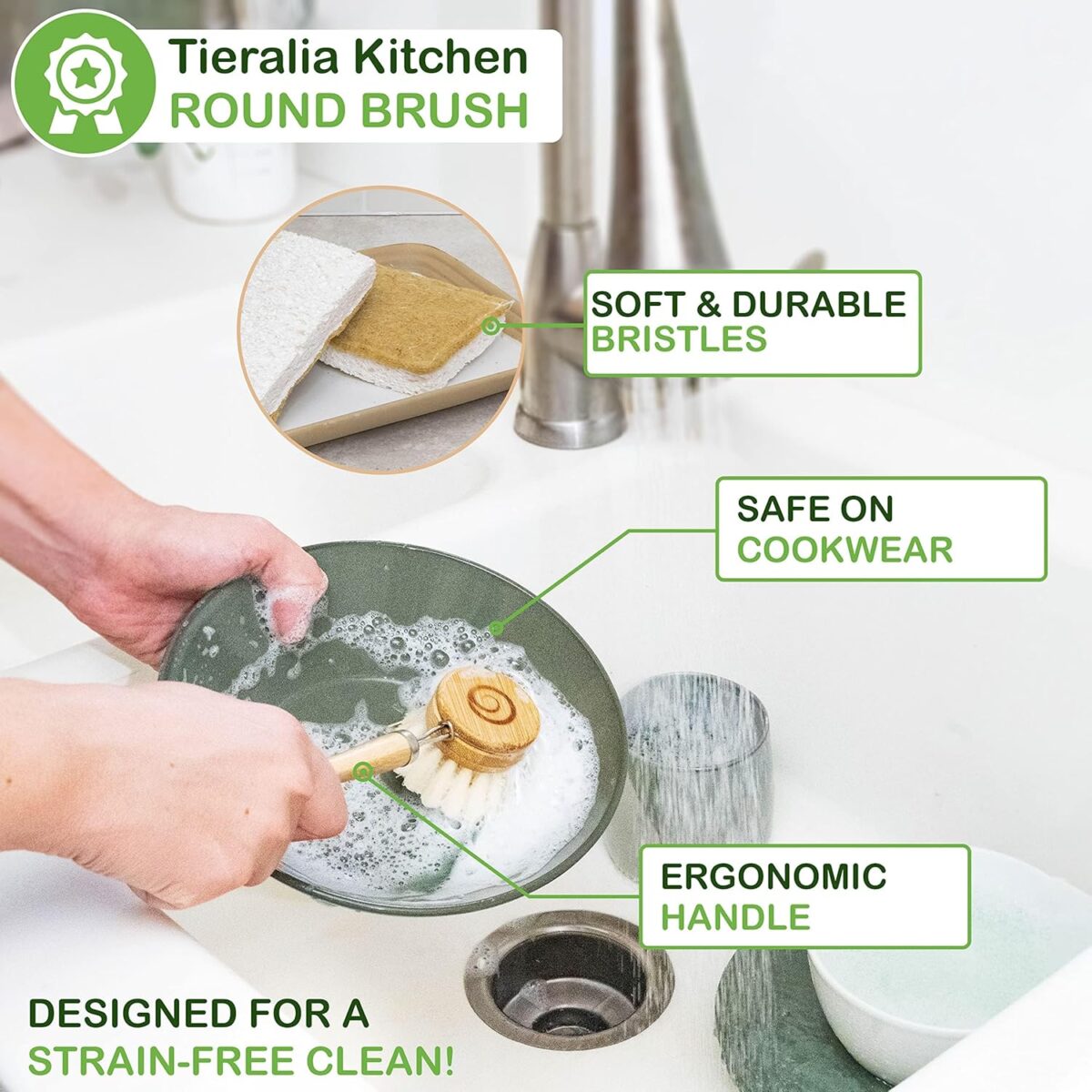 Tieralia 5-Piece Eco-Friendly Bamboo Dish Brush Set with Compostable Wood Pulp Sponges | Bamboo Kitchen Cleaning Set - Image 4