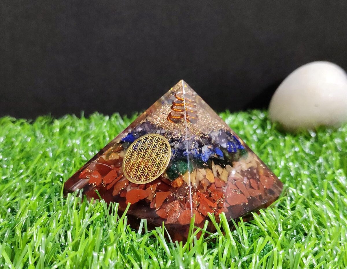 Seven Chakra Orgone Crystal Pyramid with Flower of Life Symbol for Reiki Healing, Chakra Balancing, Aura Cleansing, Energy Generator, Yoga Meditation Size: 60-70 MM - Image 3
